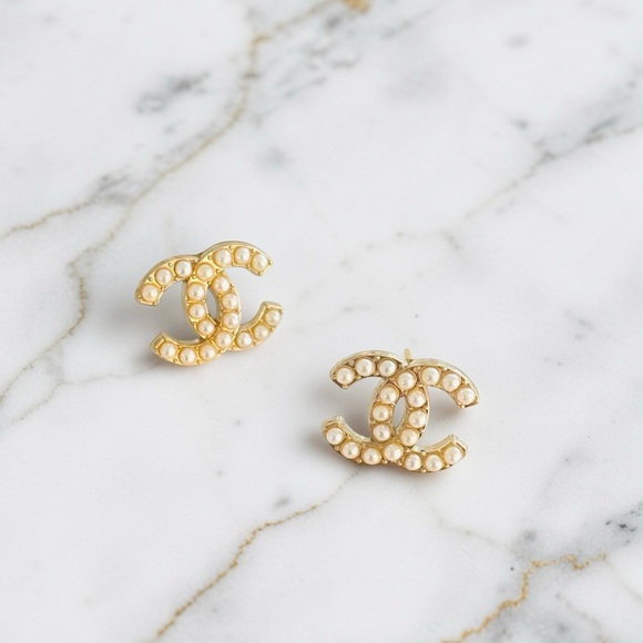 Upcycled Jewelry - *LAST PAIR* Luxury Gold/Faux Pearl Signature Logo Upcycled Button Earring 18mm